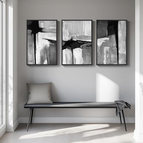 Large Framed Black and White Gray Abstract Wall Art Set (3 Count)