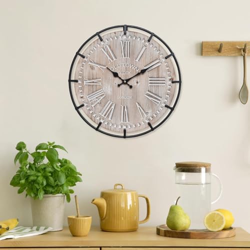 12 Inch Farmhouse Wall Clock Rustic Antique Wood with Metal Circle and Large Engraved Numerals