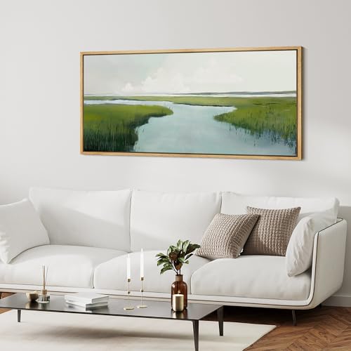 Extra Large Framed Canvas Print Wall Art Serene Marshland Landscape Green and Blue Peaceful Illustrations Antique Retro Fine Art Illustrations Decorative Colorful for Bedroom