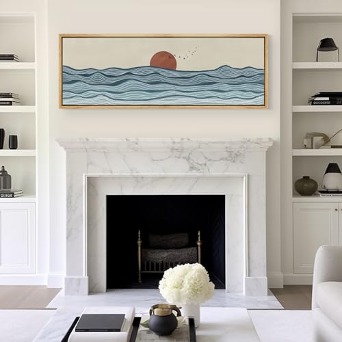 Large Framed Canvas Print Wall Art Calm Seascape Ocean Waves and Setting Sun Illustrations Antique Retro Fine Art Illustrations Decorative Colorful for Bedroom