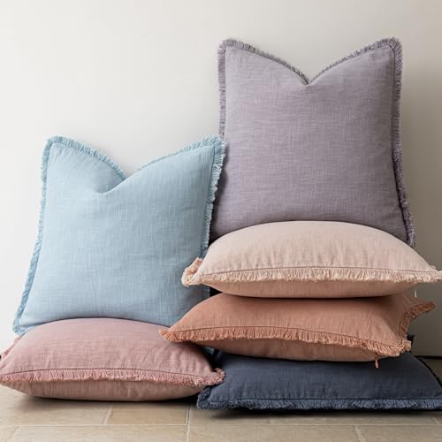 Decorative Linen Fringe Throw Pillow Covers 24×24 Light Blue (2 Count)