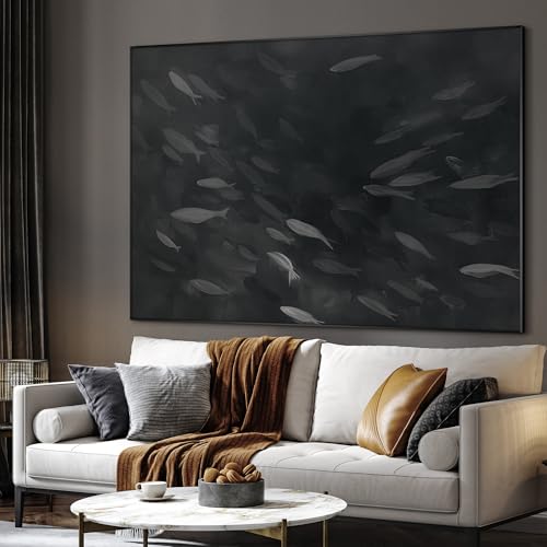 60"x72" Extra Large Framed Wall Art Monochrome Fish Silhouettes Illustration for Home Living Room Bedroom Decor