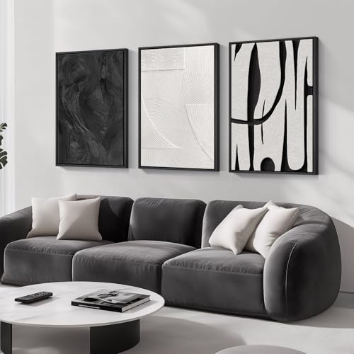 Large Framed Black and White Abstract Wall Art for Living Room Set of 3 (3 Count)