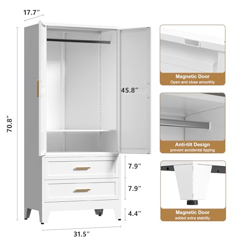 71'' Farmhouse Metal Wardrobe Cabinet with Hanging Rod