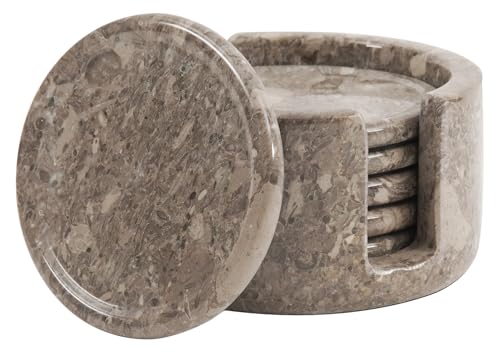 Round Marble Coasters Set of 6 with Holder Oceanic Stone 3.5 Inch (6 Count)