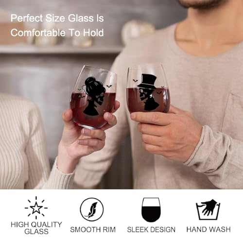 Gothic Halloween Skull Couple Wine Glasses with Gift Box