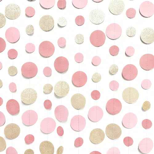 Champagne Gold Rose Pink Polka Dot Garland Champagne Dusty Pink Circle Dot Hanging Streamer Banner for Birthday Bridal Shower Wedding Engagement Retirement Boho Party Decorations Supplies