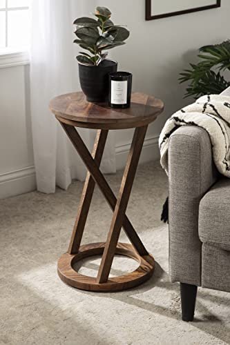 Aja Modern Side Table; 15 x 15 x 23; Walnut Brown; Decorative Modern Geometric Wood Bedroom Nightstand Table with Round Tabletop and Unique Slanted Legs