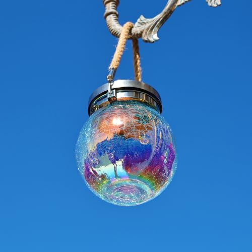 Gift for her him 2 Pack Solar Lanterns Waterproof Outdoor Iridescent Heavy Crackle Glass a Big LED Stainless Steel Lid 215% Solar for Women Mom Grandma Outdoor Table Lamps Garden Backyard Decor (2 Count)