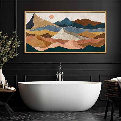 Extra Large Framed Canvas Print Wall Art Desert Peaks Colorful Geometric Mountain Illustrations Antique Retro Fine Art Illustrations Decorative Colorful for Bedroom