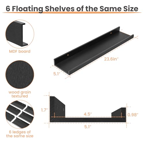 Floating Shelves for Wall Decor and Storage (6 Count)
