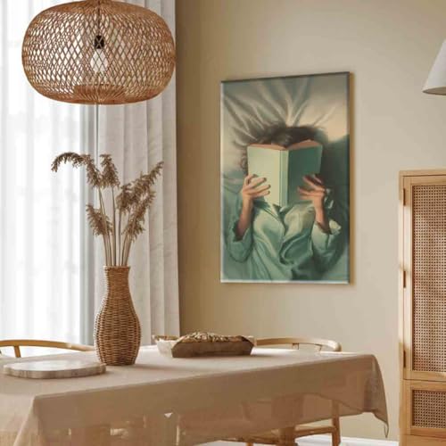 Emerald Green Reading Woman Wall Art Minimalist Abstract Portrait 16x24inch framed
