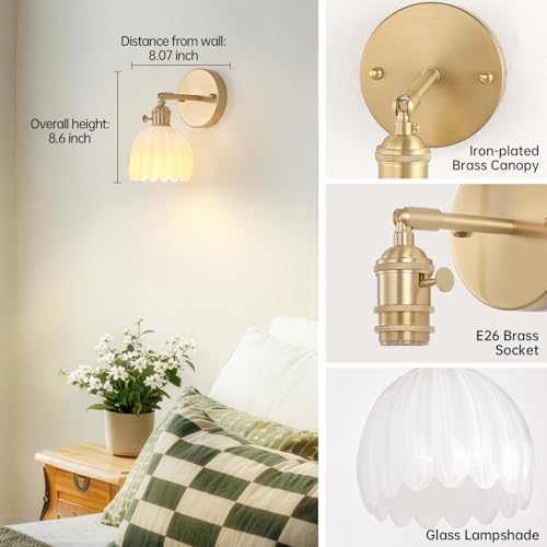 Vintage Battery Operated Wall Sconce with White Tulip Glass Lampshade Rechargeable Battery Powered Wall Light with Remote Control for Bedside Bedroom Doorway (2 Count)