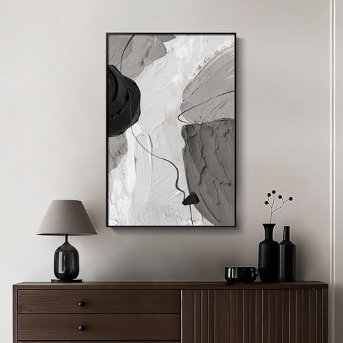 Large Framed Black and White Gray Modern Abstract Wall Art