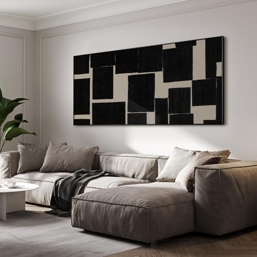 36"x72" Extra Large Framed Wall Art Modern Abstract Black and Beige Geometric Blocks for Home Living Room Bedroom Decor