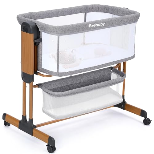 3-in-1 Baby Bassinet, Rocking Baby Bassinets Bedside Sleeper, Adjustable Portable Crib for Newborn Infant with Wheels Storage Basket and Mesh Sides