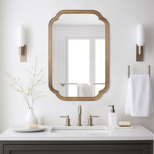 20" x 30" Rounded Corner Arch Wall Mirror with Wood Frame for Entryway