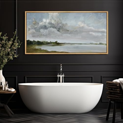 Extra Large Framed Canvas Print Wall Art Tranquil Landscape Soft Brushstroke Lake Scene Illustrations Antique Retro Fine Art Illustrations Decorative Colorful for Bedroom