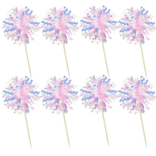 30Pcs Foil Firework Cupcake Toppers Firework Cake Toppers Tinsel Flower Drink Stirrers Cocktail Food Fruit Toothpicks for Valentine's Day Party Decorations Pink (30 Count)