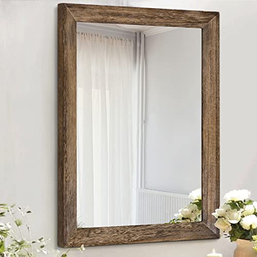 Rustic Wood Mirror Rectangle Decorative Wall Mirrors with Frame Large 26"x18"for Bedroom Living Room Bathroom Entryway Hanging Brown