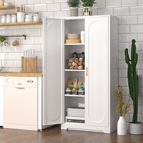 60" White Metal Kitchen Pantry Storage Cabinet with Doors and Shelves