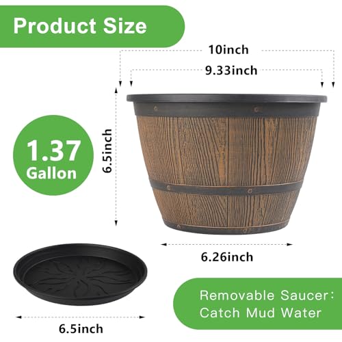 10-inch-Plant-Pots-Indoor-Outdoor, 4 Pack Whiskey Barrel Planters with Drainage Holes & Saucer, Plastic Flower Pots Imitation Wine Barrel Design, Decorative Garden Pots for Plants (4 Count)