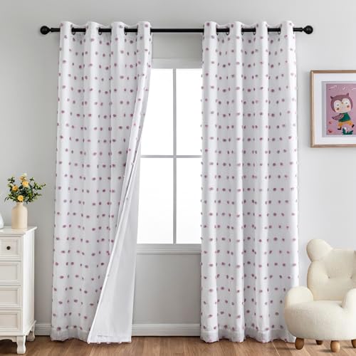 100% Blackout Curtains for Girls Bedroom 80 Inches Long Total Light Blocking Curtains for Living Room 2 Panels Grommet Room Darkening Window Drapes with Purple Pom Pom Sheer 50W x 80L (2 Count)