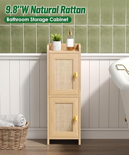 Rattan Small Bathroom Cabinet Narrow Toilet Paper Organizer Oak
