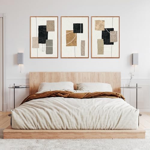 KAlRNE Neutral Abstract Wall Art Beige Block Lines Prints Set (3 Count)