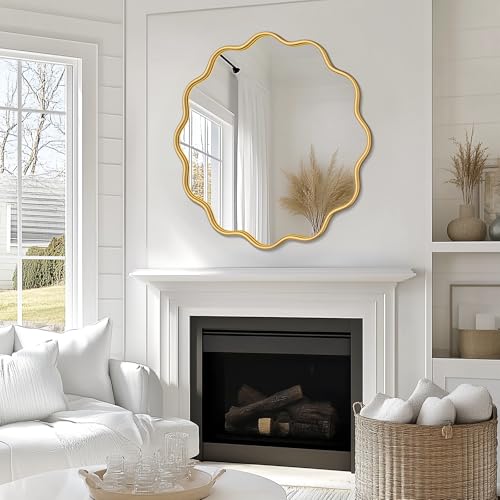 Gold Round Mirror 32 Inch Wavy Bathroom Vanity Mirror Gold Frame Modern Wall Mirror Decorative Wall