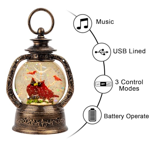 Christmas Snow Globe Lantern Water Glittering Cardinal with Music