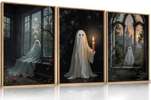 Large Halloween Cute Ghost Framed Canvas Wall Art Set