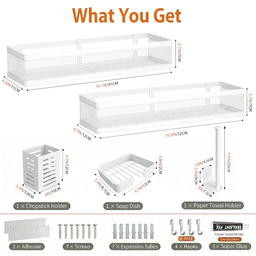 5-in-1 16.5" Extra Long Slim Wall Mount Wrapped Mesh Kitchen Organizer & Shower Caddy Kit, with Paper Towel Holder, Utensil Holder, Soap Dish, Holds 50LBS - White, Netting