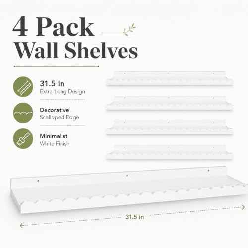 Extra Long White Scalloped Nursery Shelves for Wall (4 Count)