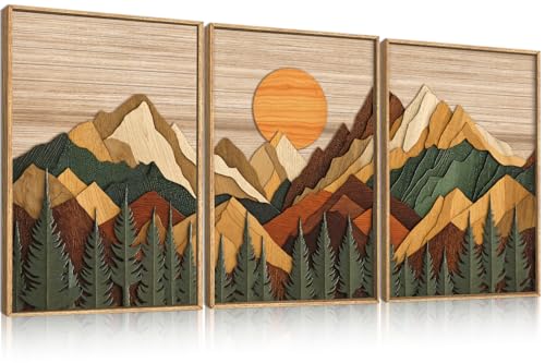 Boho Woodcut Style Mountain Framed Canvas Wall Art Set