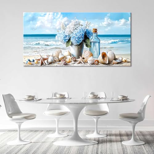 Romantic Beach Wall Art for Living Room Blue Shells Conch Vase Canvas Prints Modern Large Flower Bottle Bedroom Ocean Artwork Decor