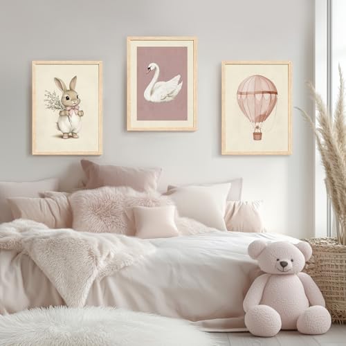 Wood Framed Pink Cute Bunny Nursery Wall Art Set of 3 (3 Count)