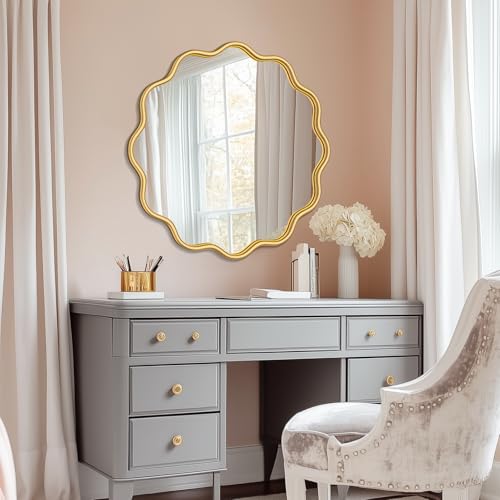 Gold Round Mirror 28 Inch Wavy Bathroom Vanity Mirror Gold Frame Modern Wall Mirror Decorative Wall