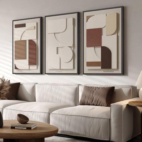 3D Textured Large Framed Neutral Abstract Wall Art for Living Room