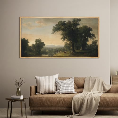 Extra Large Framed Canvas Print Wall Art Pastoral Countryside Landscape Serene River View with Cows and Trees Illustrations Fine Art Illustrations Decorative Colorful for Bedroom