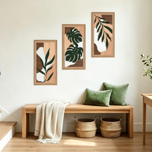 Boho Wood Tropical Framed Wall Art 12X24 Inch Large Mid Century Palm Leaves Wooden Wall Decor Minimalist Botanical Artwork for Living room Bedroom Set of 3
