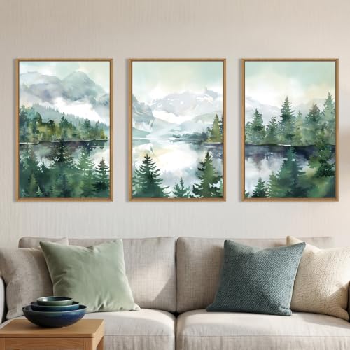 Watercolor Mountain Forest Framed Canvas Wall Art Set