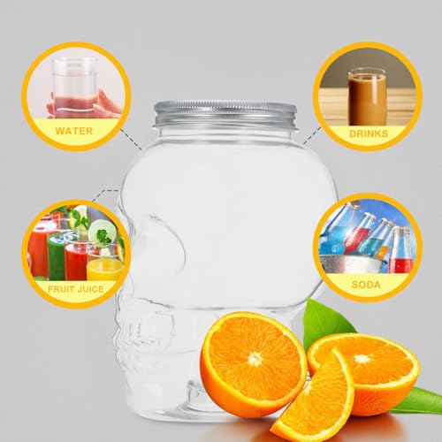 4pcs Halloween Beverage Bottles Clear Skull Shaped Jar Cups 800ml Plastic Drink Bottles with Screw Straw Hole Lid Party Water Tumbler Skull Beverage Juice Mug