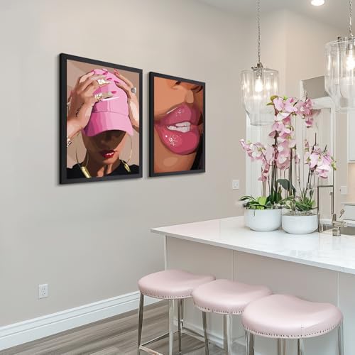 Wood Framed Fashion Pink Black Girl Wall Art Set of 3 (3 Count)