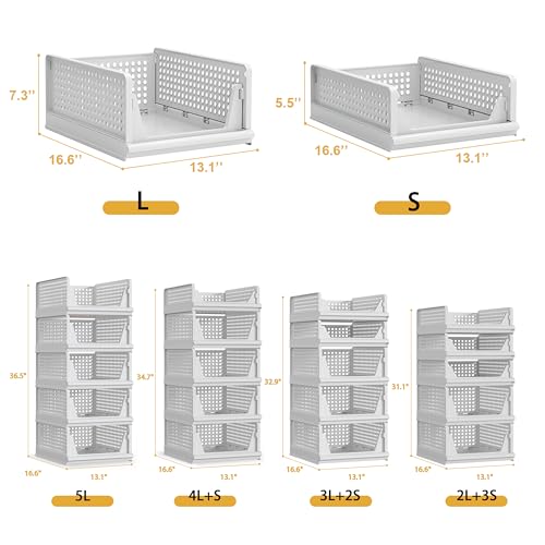 5 Pack Stackable Plastic Storage Basket Closet Organizer Bin Foldable Clothes Organizer Storage Drawer Shelf Container for Living room Bathroom Kitchen Office (5 Count)