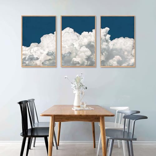 Large White Clouds Framed Canvas Wall Art Set Abstract Navy Blue Sky Natural Wall Decor Minimalist Modern Painting Artwork for Livingroom