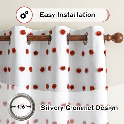 Blackout Bohemian Curtains for Bedroom Thermal Insulated Brick Red Pom Pom Curtain 72 Inch Long for Girls Room White Sheer Drapes for Dining Room Door Grommet
