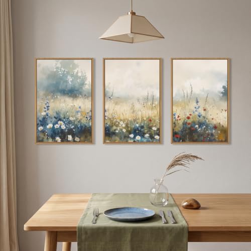 Neutral Pastoral Wildflower Framed Canvas Wall Art Set