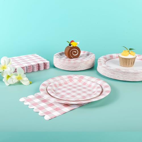 175 Pcs Pink Gingham Paper Plates and Napkins with Cups (175 Count)