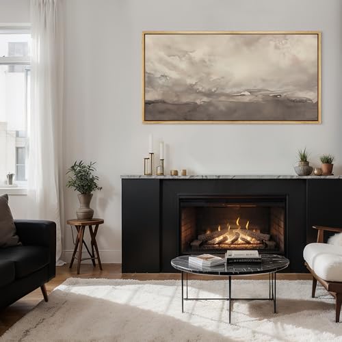 Extra Large Framed Canvas Print Wall Art Misty Landscape Neutral Tranquil Abstract Nature Painting in Earth Tones Illustrations Decorative Colorful Multicolor for Bedroom